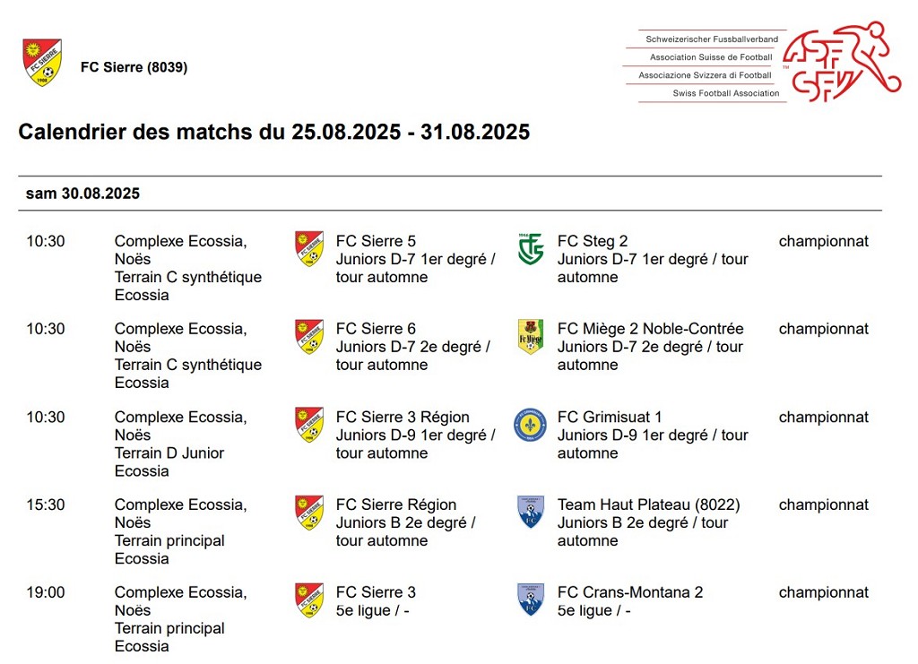 Matchs du week-end du 30 août 2025